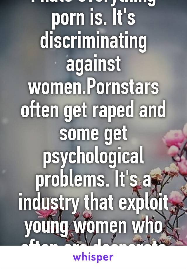 I Hate Porn - I hate everything porn is. It's discriminating against women.Pornstars  often get raped and some get