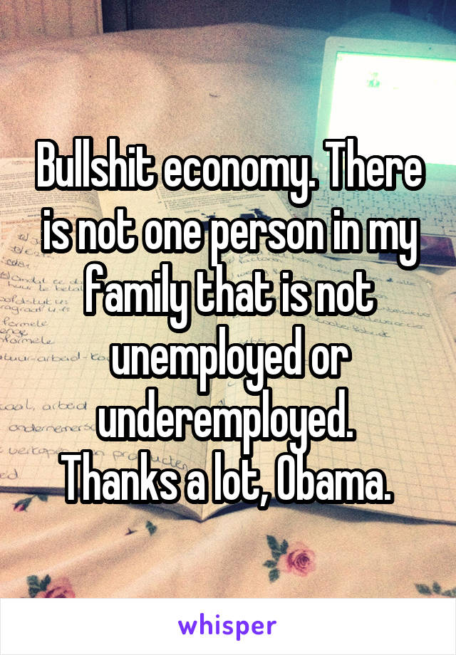 Bullshit economy. There is not one person in my family that is not unemployed or underemployed. 
Thanks a lot, Obama. 