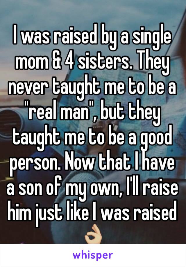 I was raised by a single mom & 4 sisters. They never taught me to be a"real man", but they taught me to be a good person. Now that I have a sonof my own, I