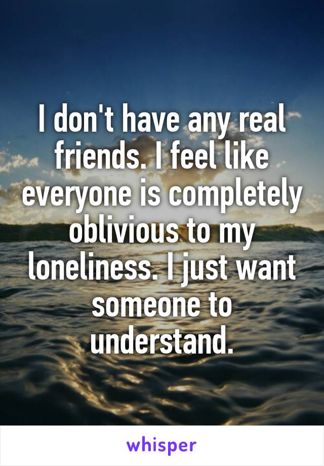 I don't have any real friends. I feel like everyone is completely oblivious to my loneliness. I just want someone to understand.