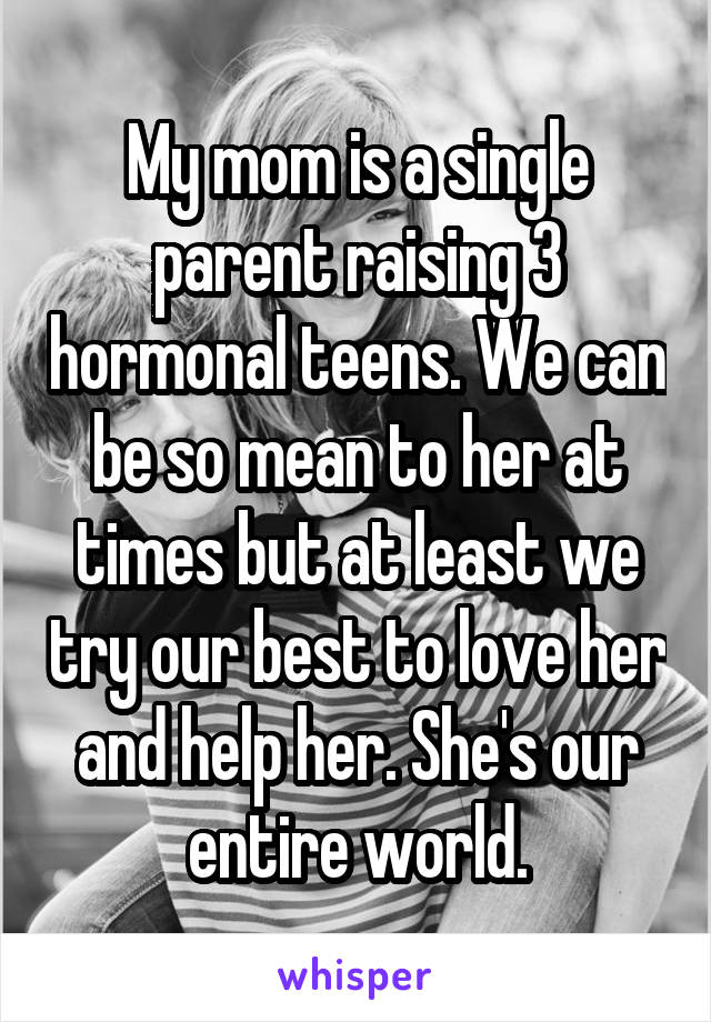 My mom is a single parent raising 3 hormonal teens. We can be so mean to her at times but at least we try our best to love her and help her. She