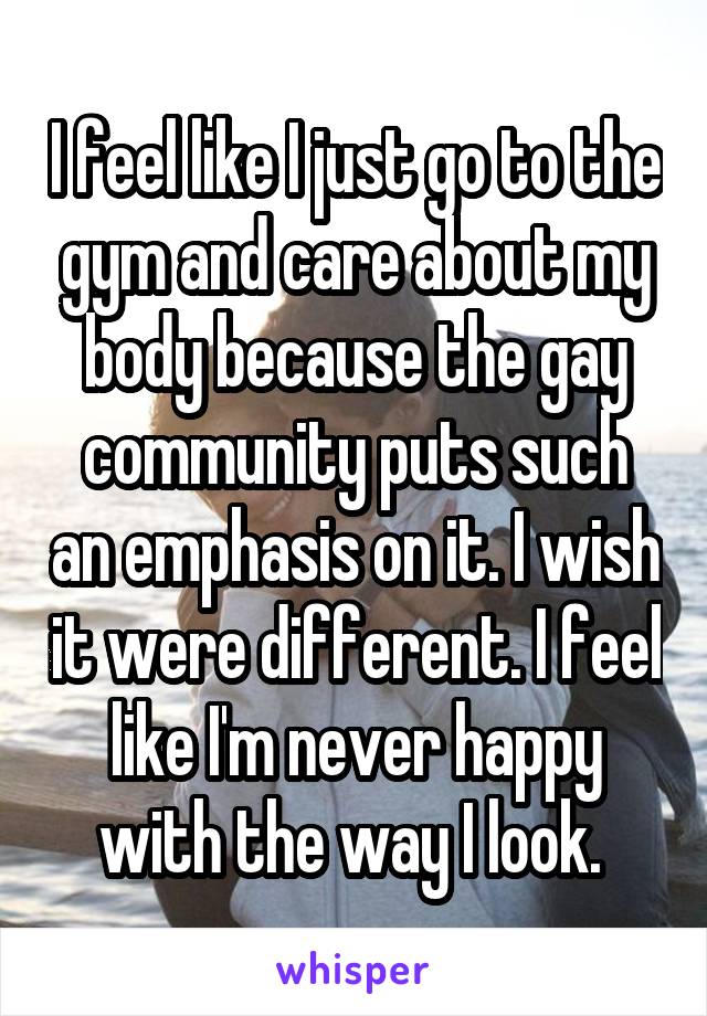 I feel like I just go to the gym and care about my body because the gay community puts such an emphasis on it. I wish it were different. I feel like I'm never happy with the way I look. 
