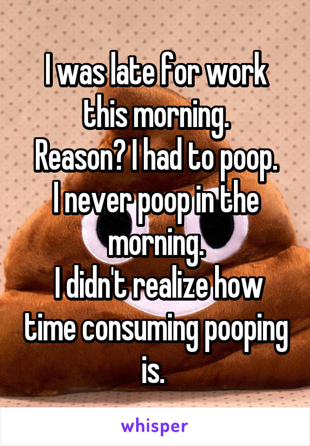 I was late for work this morning.
 Reason? I had to poop. 
I never poop in the morning.
 I didn't realize how time consuming pooping is. 