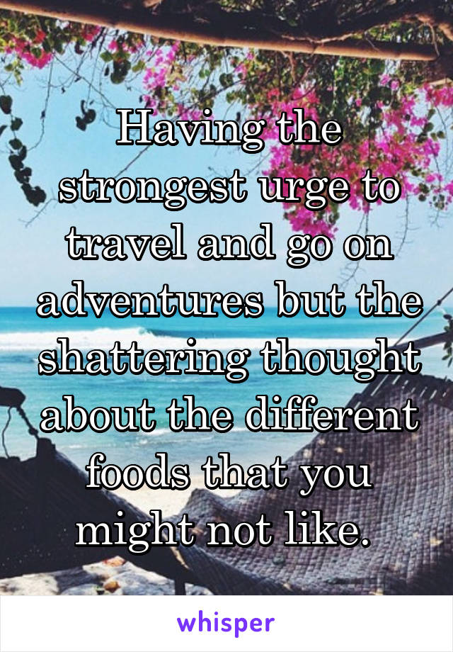 Having the strongest urge to travel and go on adventures but the shattering thought about the different foods that you might not like. 