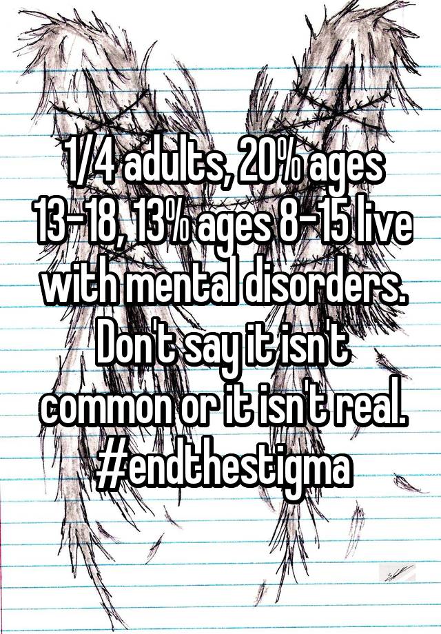 1/4 adults, 20% ages 13-18, 13% ages 8-15 live with mental disorders. Don't say it isn't common or it isn't real. #endthestigma