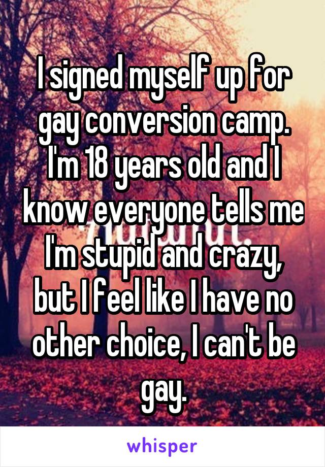 I signed myself up for gay conversion camp. I'm 18 years old and I know everyone tells me I'm stupid and crazy, but I feel like I have no other choice, I can't be gay.