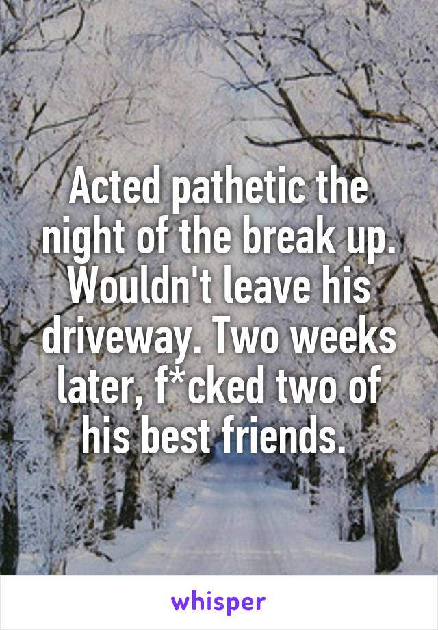 Acted pathetic the night of the break up. Wouldn't leave his driveway. Two weeks later, f*cked two of his best friends. 