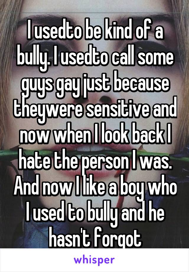 I usedto be kind of a bully. I usedto call some guys gay just because theywere sensitive and now when I look back I hate the person I was. And now I like a boy who I used to bully and he hasn't forgot