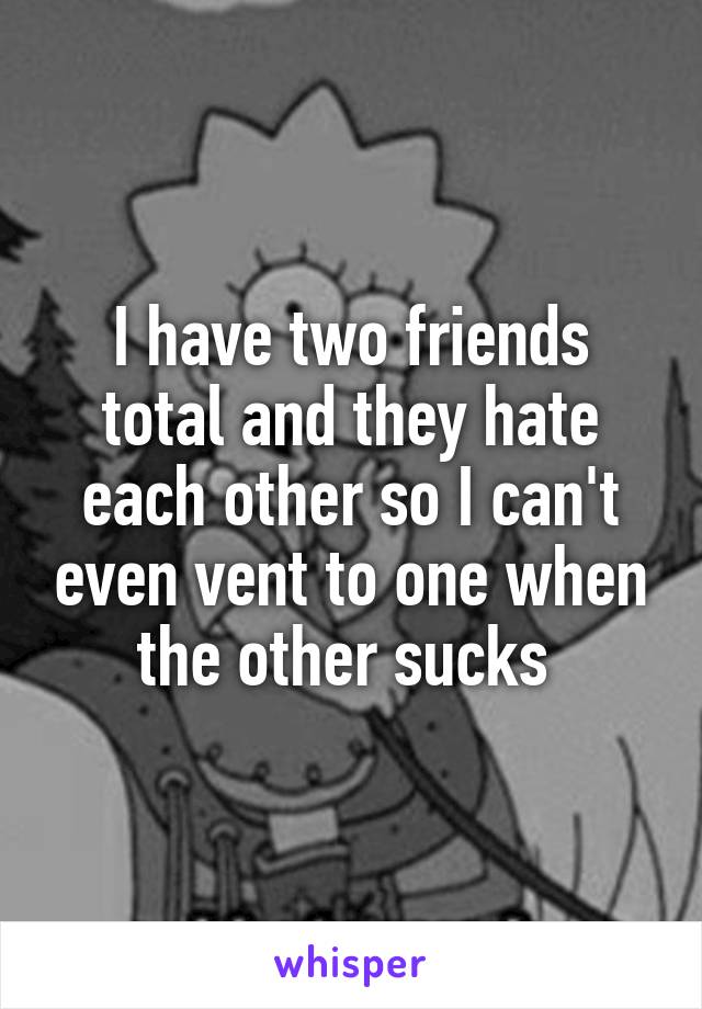 I have two friends total and they hate each other so I can't even vent to one when the other sucks 