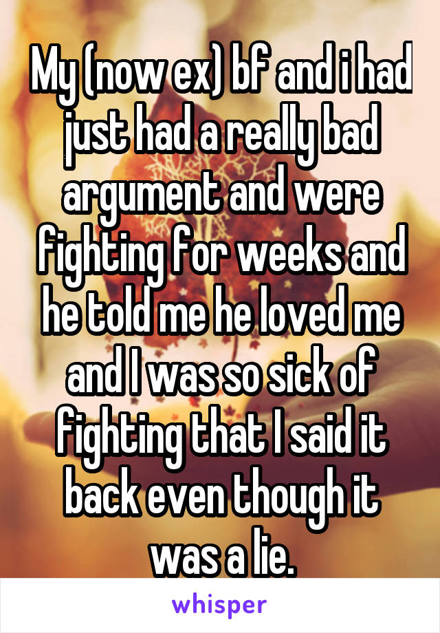 My (now ex) bf and i had just had a really bad argument and were fighting for weeks and he told me he loved me and I was so sick of fighting that I said it back even though it was a lie.