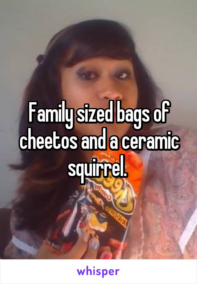 Family sized bags of cheetos and a ceramic squirrel. 