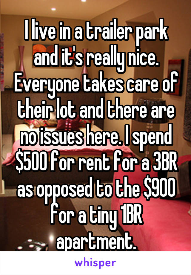 I live in a trailer park and it's really nice. Everyone takes care of their lot and there are no issues here. I spend $500 for rent for a 3BR as opposed to the $900 for a tiny 1BR apartment.