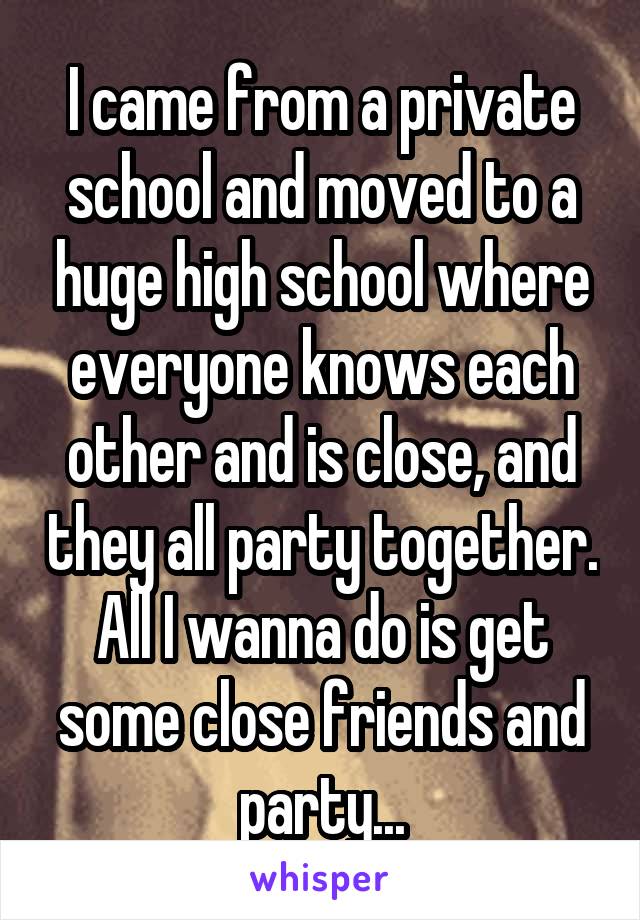 I came from a private school and moved to a huge high school where everyone knows each other and is close, and they all party together. All I wanna do is get some close friends and party...