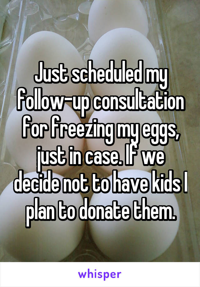 Just scheduled my follow-up consultation for freezing my eggs, just in case. If we decide not to have kids I plan to donate them.