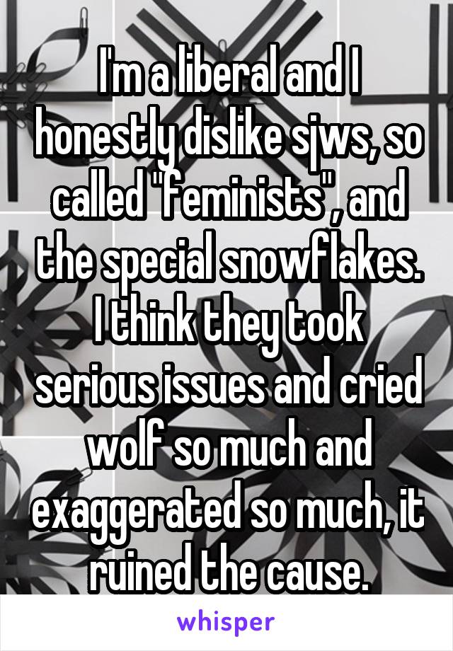 I'm a liberal and I honestly dislike sjws, so called "feminists", and the special snowflakes. I think they took serious issues and cried wolf so much and exaggerated so much, it ruined the cause.