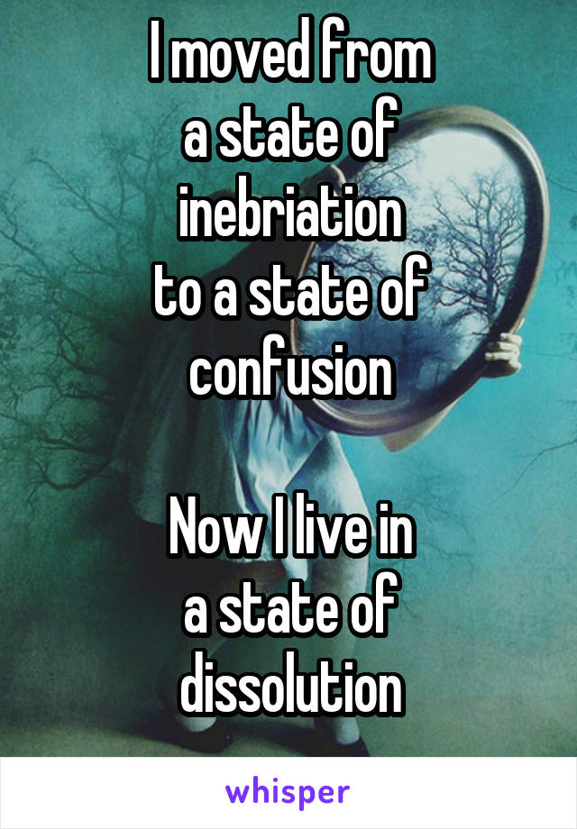I moved from
a state of
inebriation
to a state of
confusion

Now I live in
a state of
dissolution
