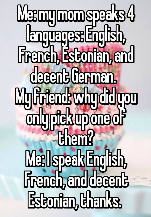 Me My Mom Speaks 4 Languages English French Estonian And Decent German My Friend Why Did You Only Pick Up One Of Them Me I Speak English French And Decent Estonian Thanks