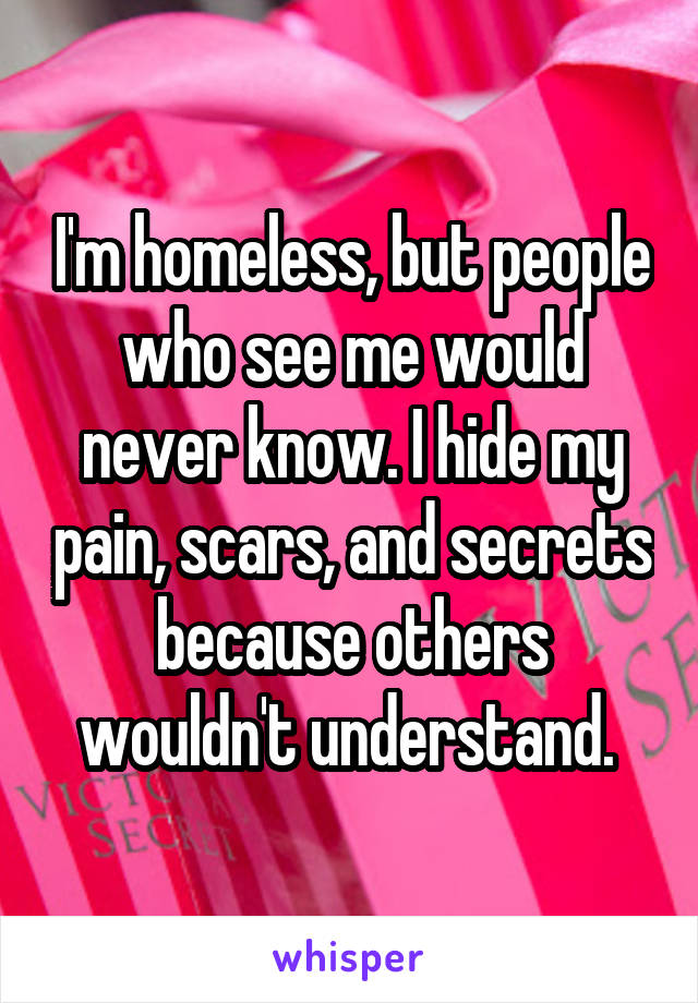 I'm homeless, but people who see me would never know. I hide my pain, scars, and secrets because others wouldn't understand. 