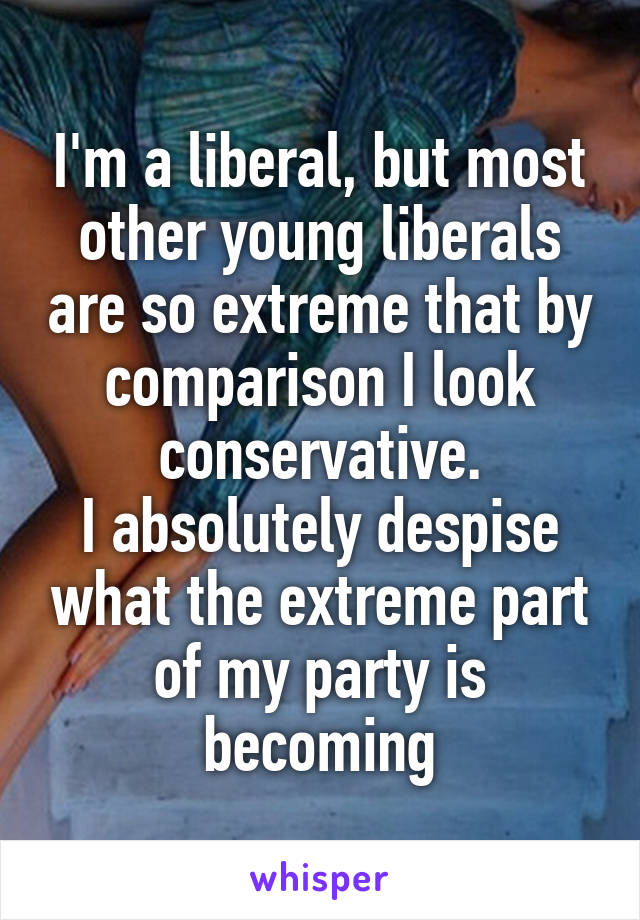 I'm a liberal, but most other young liberals are so extreme that by comparison I look conservative.
I absolutely despise what the extreme part of my party is becoming