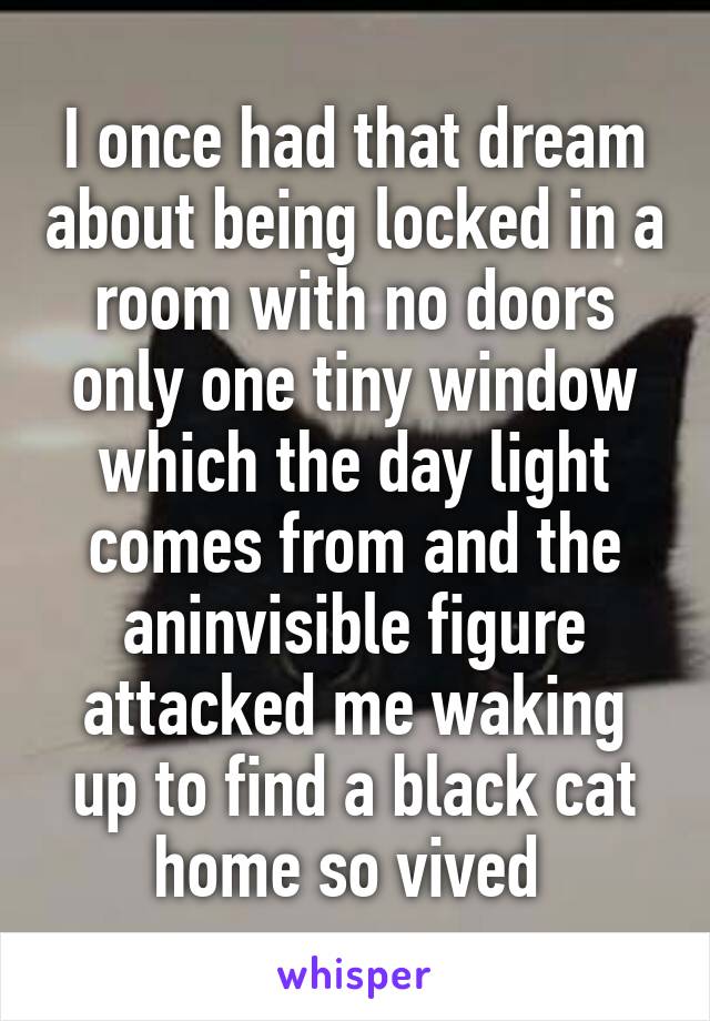 I once had that dream about being locked in a room with no doors only one tiny window which the day light comes from and the aninvisible figure attacked me waking up to find a black cat home so vived 