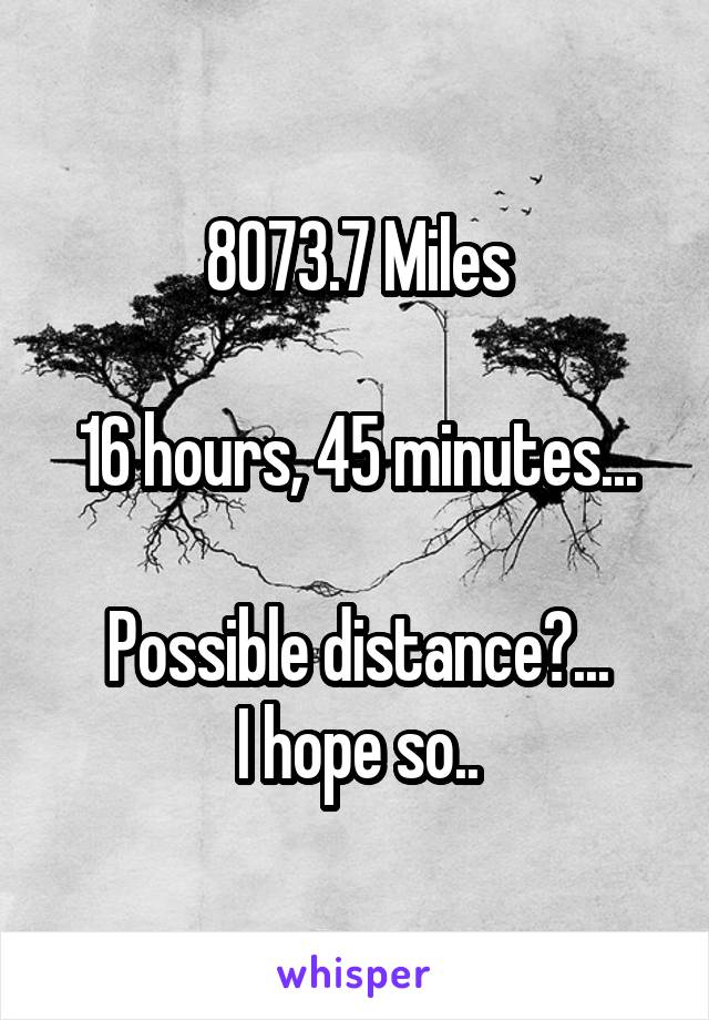 8073.7 Miles

16 hours, 45 minutes...

Possible distance?...
I hope so..
