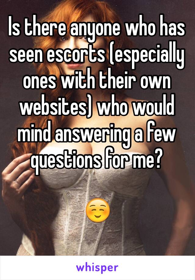 Is there anyone who has seen escorts (especially ones with their own websites) who would mind answering a few questions for me? 

☺️