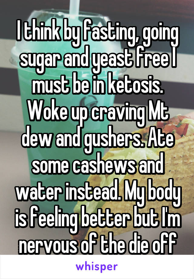I think by fasting, going sugar and yeast free I must be in ketosis. Woke up craving Mt dew and gushers. Ate some cashews and water instead. My body is feeling better but I'm nervous of the die off