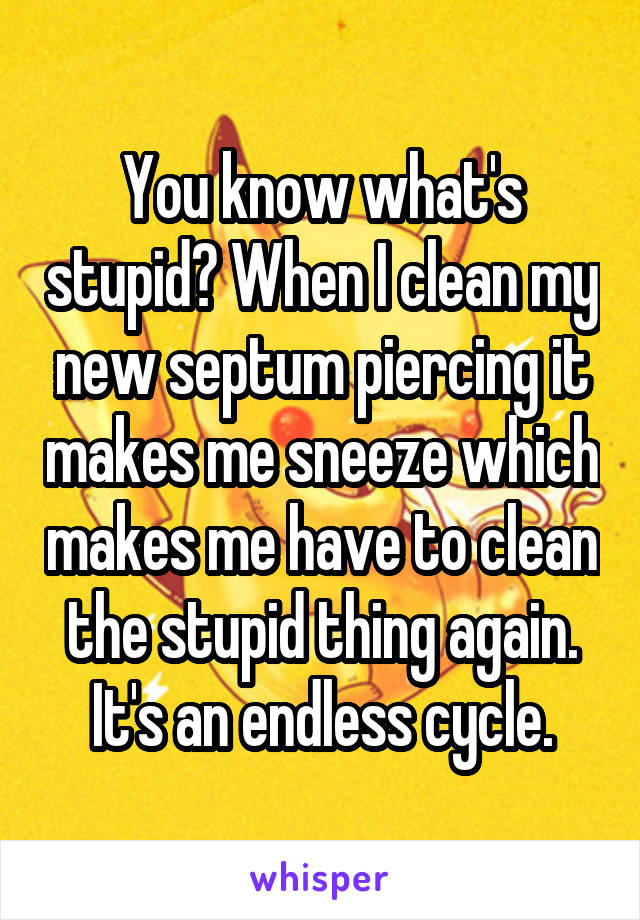You know what's stupid? When I clean my new septum piercing it makes me sneeze which makes me have to clean the stupid thing again. It's an endless cycle.
