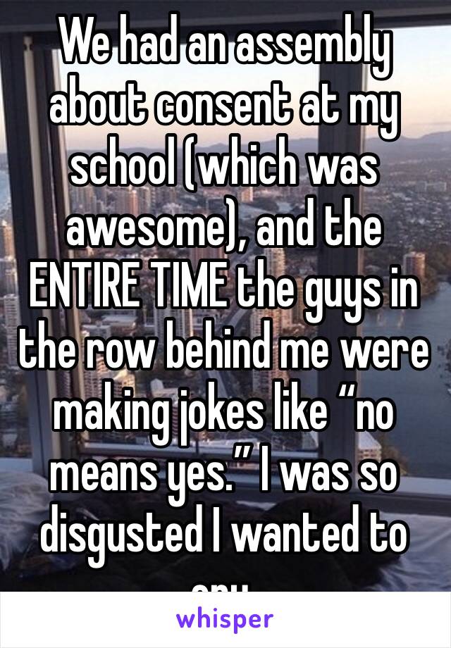 We had an assembly about consent at my school (which was awesome), and the ENTIRE TIME the guys in the row behind me were making jokes like “no means yes.” I was so disgusted I wanted to cry.