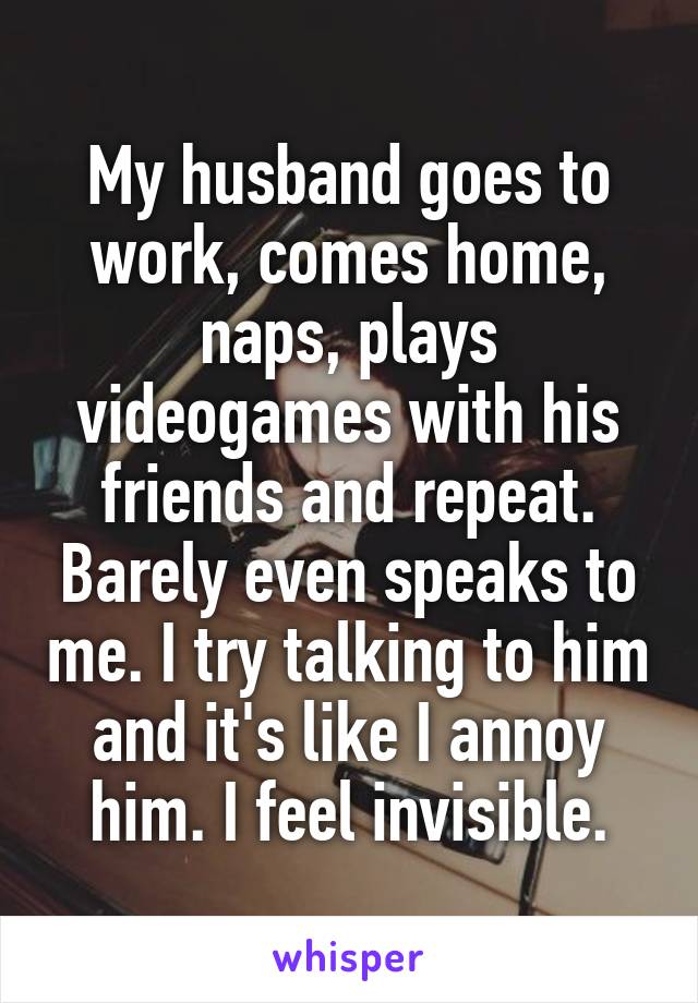 My husband goes to work, comes home, naps, plays videogames with his friends and repeat. Barely even speaks to me. I try talking to him and it's like I annoy him. I feel invisible.