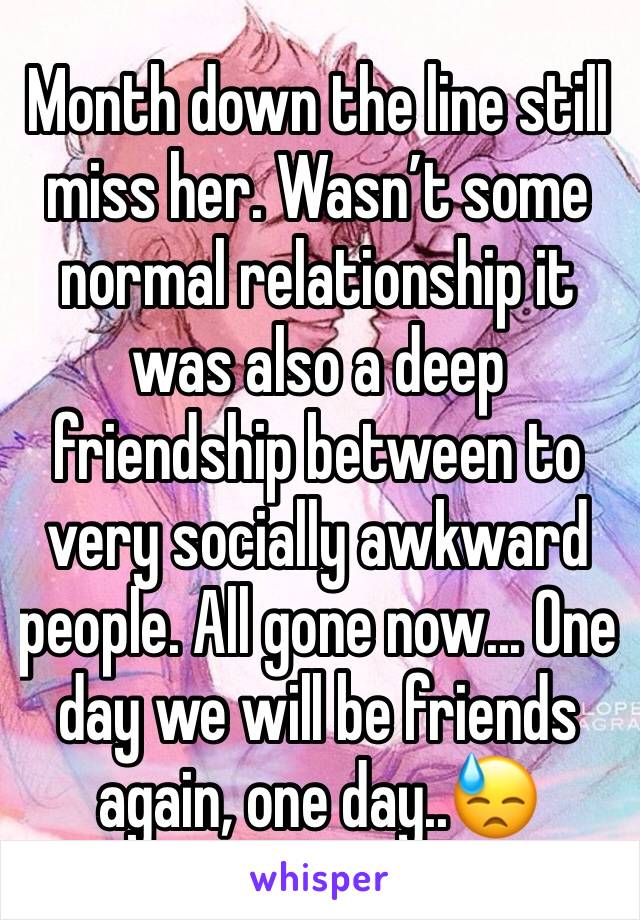 Month down the line still miss her. Wasn’t some normal relationship it was also a deep friendship between to very socially awkward people. All gone now... One day we will be friends again, one day..😓