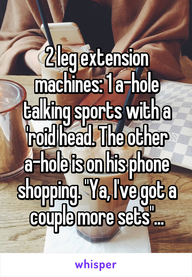 2 leg extension machines: 1 a-hole talking sports with a 'roid head. The other a-hole is on his phone shopping. "Ya, I've got a couple more sets"...