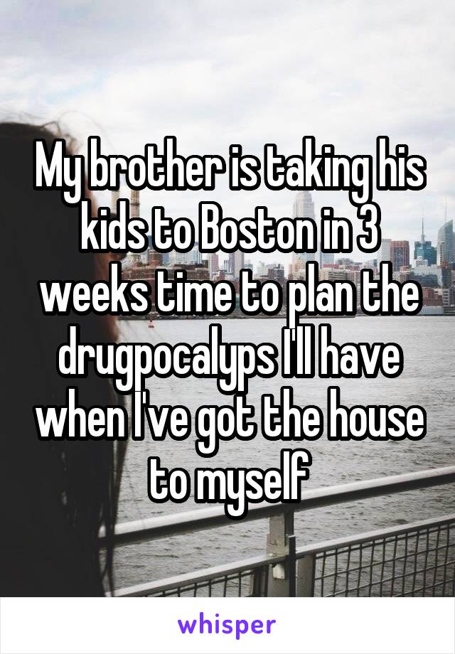 My brother is taking his kids to Boston in 3 weeks time to plan the drugpocalyps I'll have when I've got the house to myself