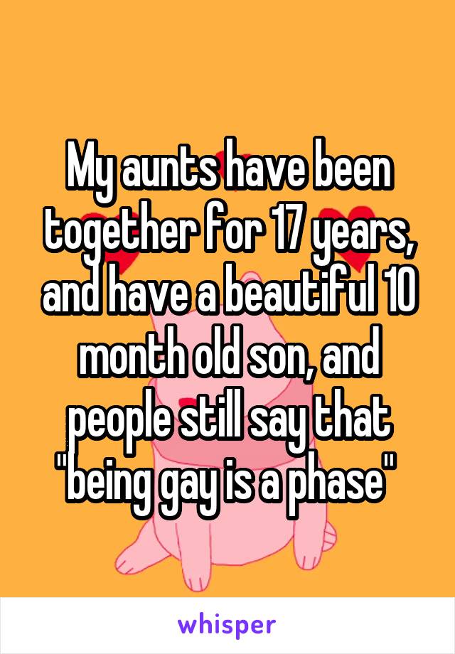 My aunts have been together for 17 years, and have a beautiful 10 month old son, and people still say that "being gay is a phase" 