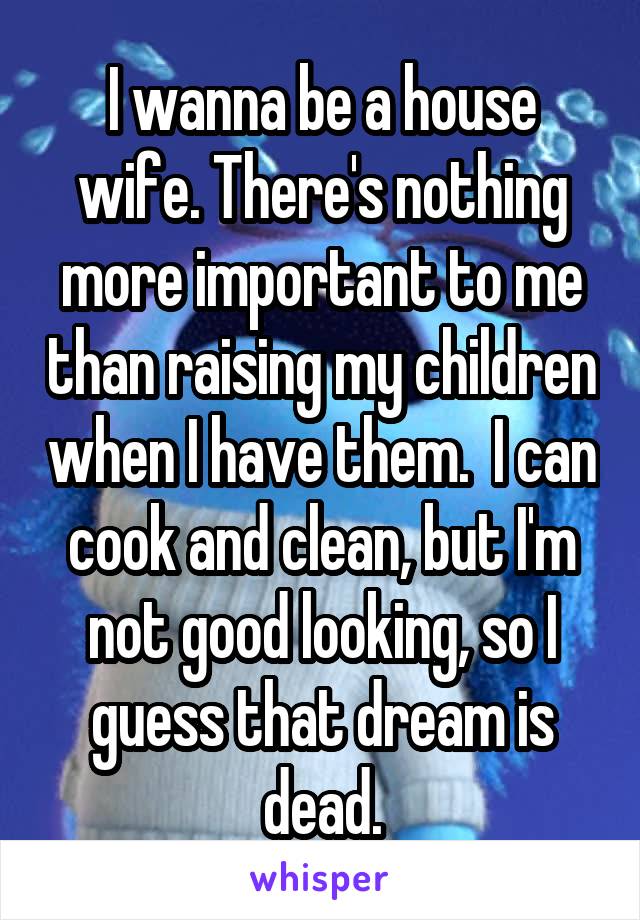 I wanna be a house wife. There's nothing more important to me than raising my children when I have them.  I can cook and clean, but I'm not good looking, so I guess that dream is dead.