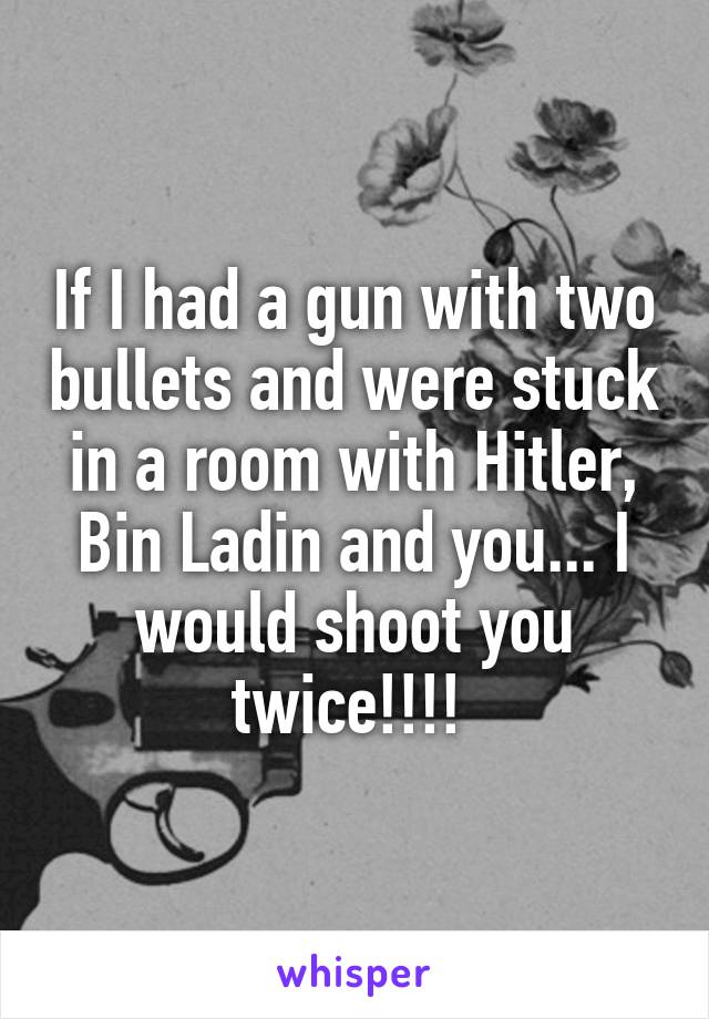 If I had a gun with two bullets and were stuck in a room with Hitler, Bin Ladin and you... I would shoot you twice!!!! 