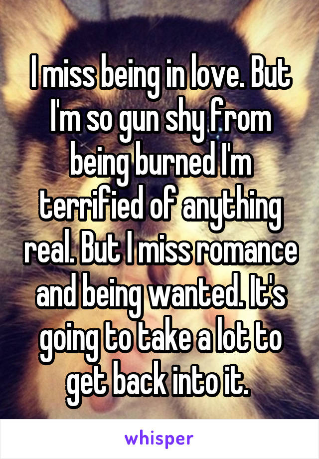 I miss being in love. But I'm so gun shy from being burned I'm terrified of anything real. But I miss romance and being wanted. It's going to take a lot to get back into it. 