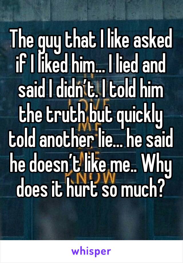 The guy that I like asked if I liked him... I lied and said I didn’t. I told him the truth but quickly told another lie... he said he doesn’t like me.. Why does it hurt so much?