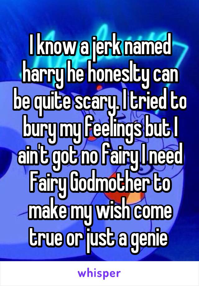 I know a jerk named harry he honeslty can be quite scary. I tried to bury my feelings but I ain't got no fairy I need Fairy Godmother to make my wish come true or just a genie 