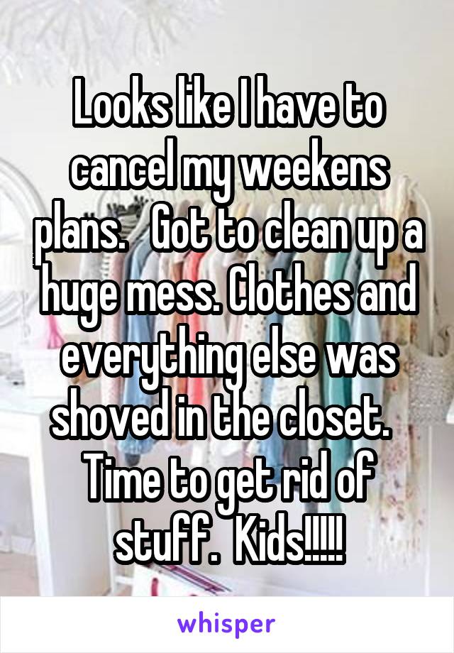 Looks like I have to cancel my weekens plans.   Got to clean up a huge mess. Clothes and everything else was shoved in the closet.   Time to get rid of stuff.  Kids!!!!!