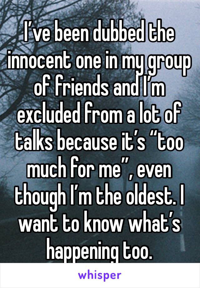I’ve been dubbed the innocent one in my group of friends and I’m excluded from a lot of talks because it’s “too much for me”, even though I’m the oldest. I want to know what’s happening too.