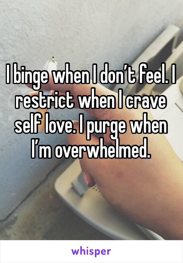 I binge when I don’t feel. I restrict when I crave self love. I purge when I’m overwhelmed.