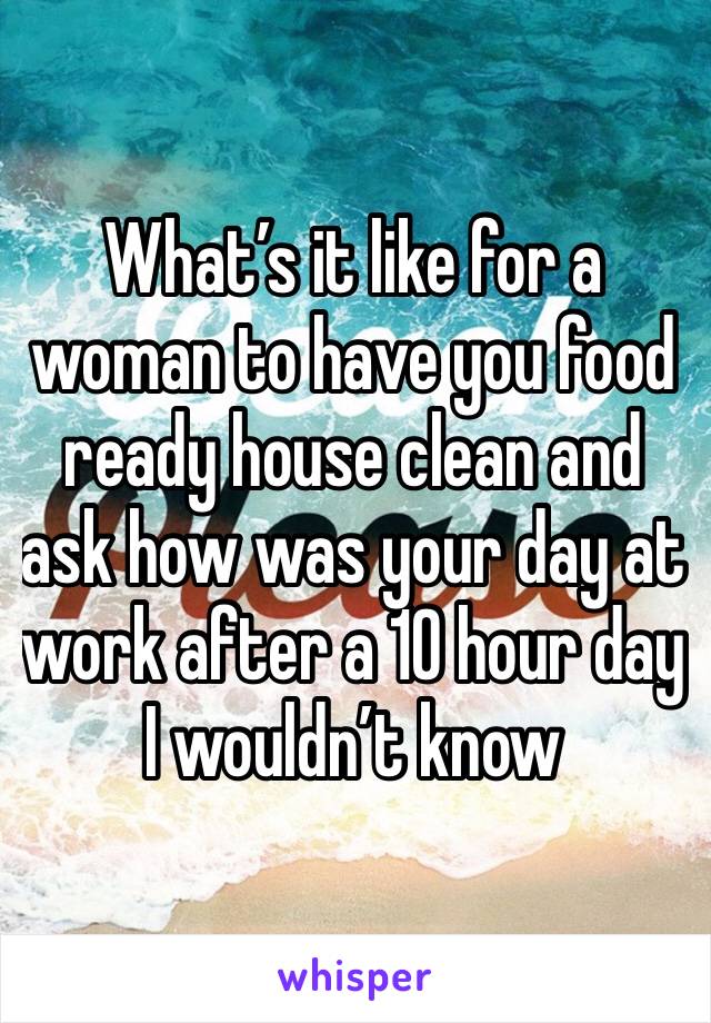 What’s it like for a woman to have you food ready house clean and ask how was your day at work after a 10 hour day I wouldn’t know 