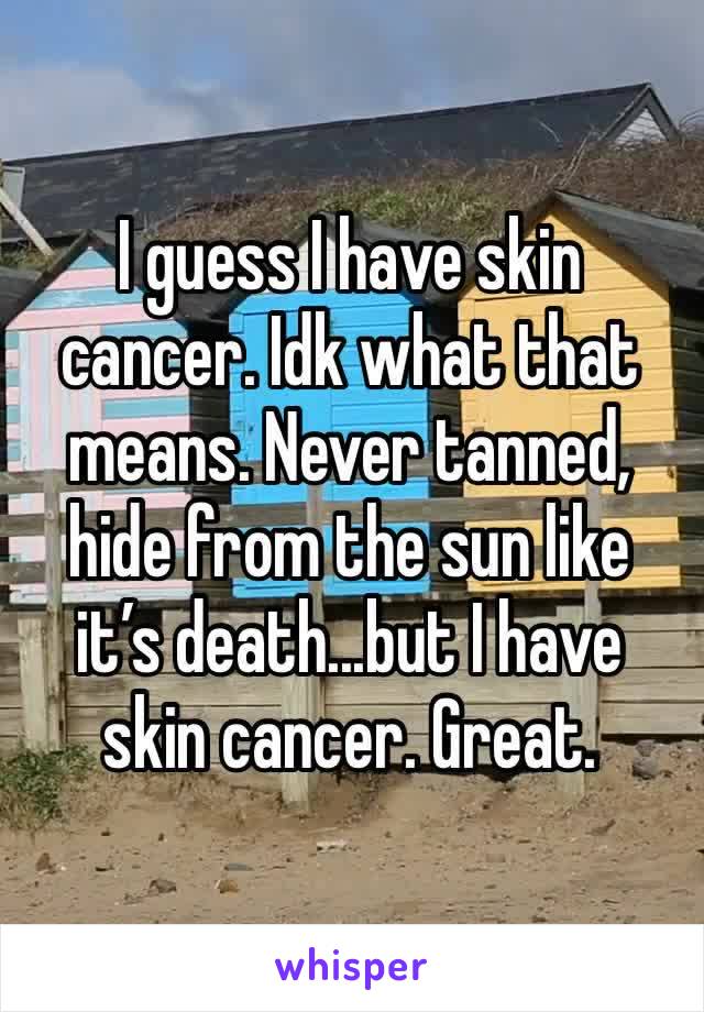 I guess I have skin cancer. Idk what that means. Never tanned, hide from the sun like it’s death...but I have skin cancer. Great. 