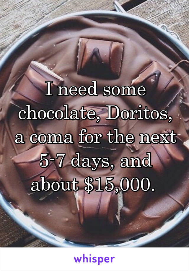 I need some chocolate, Doritos, a coma for the next 5-7 days, and about $15,000. 
