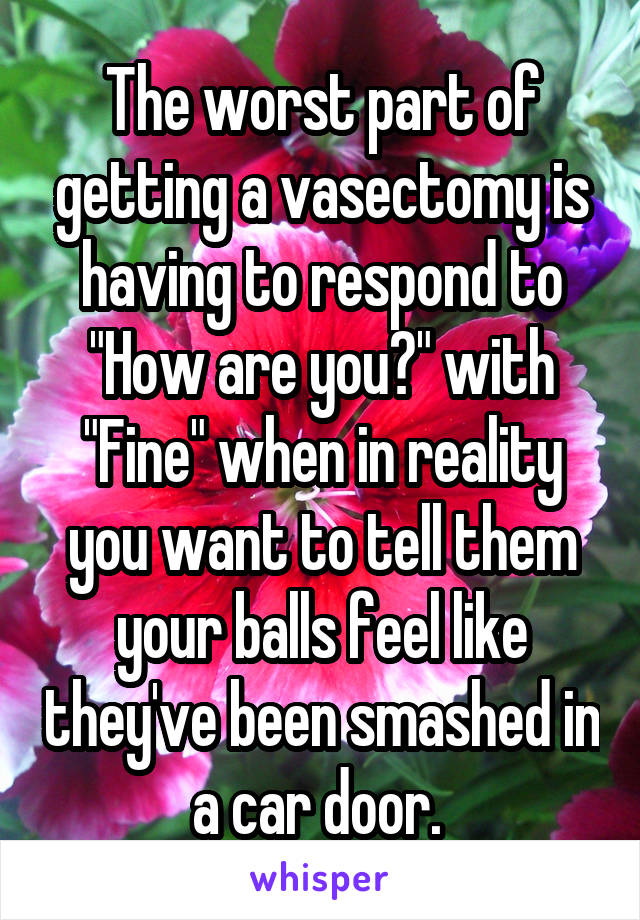 The worst part of getting a vasectomy is having to respond to "How are you?" with "Fine" when in reality you want to tell them your balls feel like they've been smashed in a car door. 