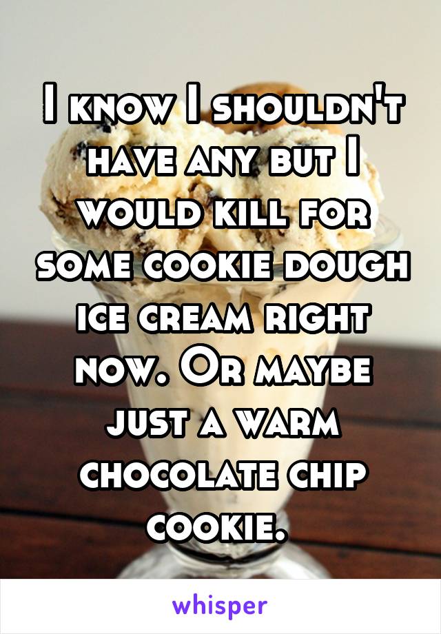 I know I shouldn't have any but I would kill for some cookie dough ice cream right now. Or maybe just a warm chocolate chip cookie. 