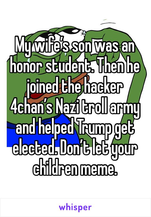 My wife’s son was an honor student. Then he joined the hacker 4chan’s Nazi troll army and helped Trump get elected. Don’t let your children meme.