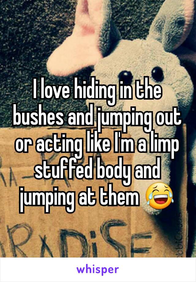 I love hiding in the bushes and jumping out or acting like I'm a limp stuffed body and jumping at them 😂