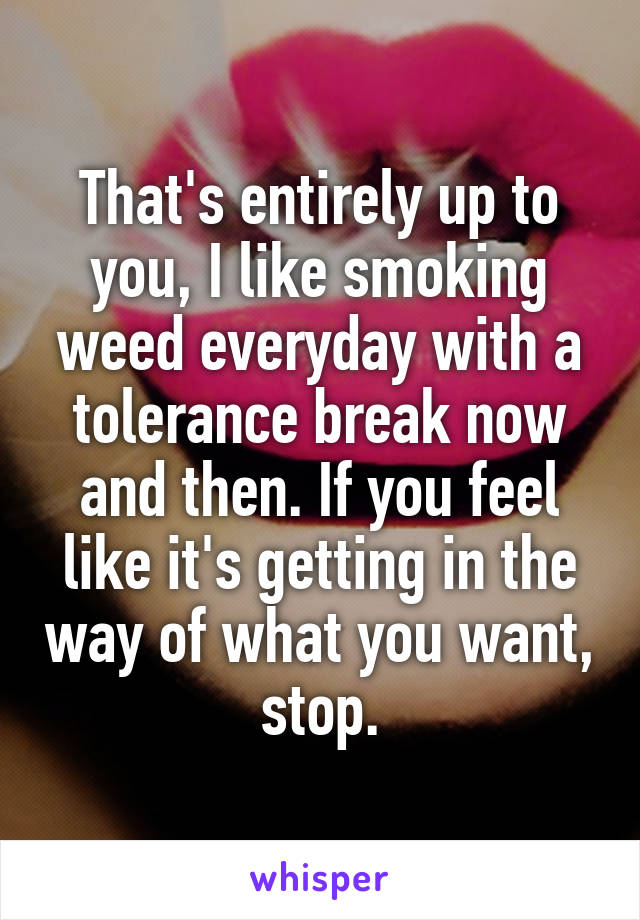 That's entirely up to you, I like smoking weed everyday with a tolerance break now and then. If you feel like it's getting in the way of what you want, stop.